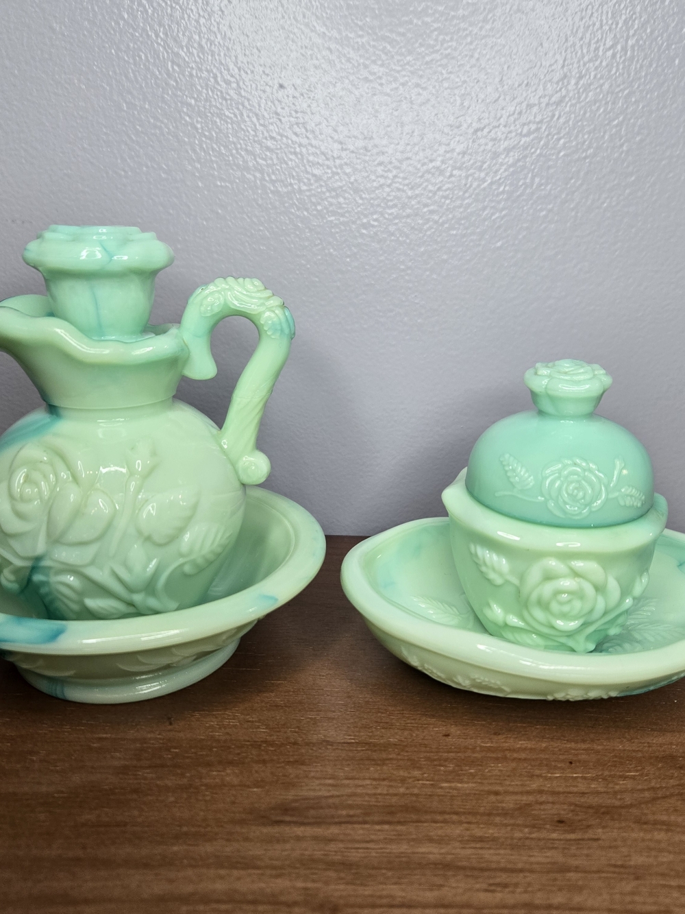 Avon Mint Green Floral Ceramic Pitcher and Sugar Set